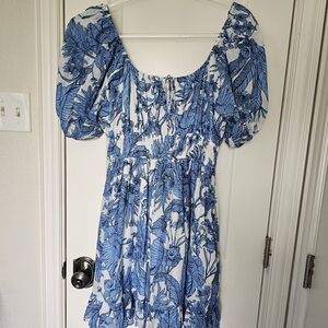 Fate Blue and White Ruched Puff Sleeve Sundress